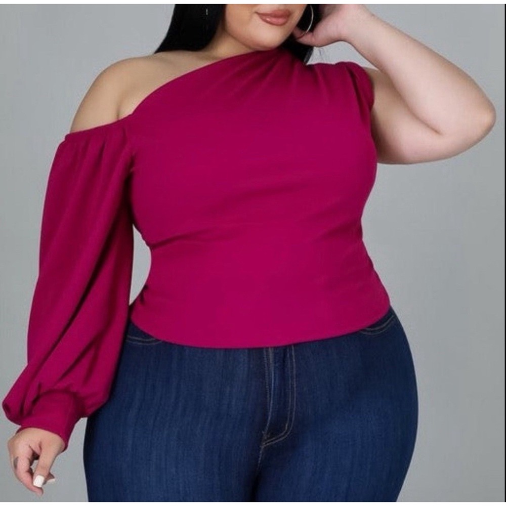 NEW Win Win Pink Plus Size Top One‎ Shoulder Bubble Sleeve Size 3XL
